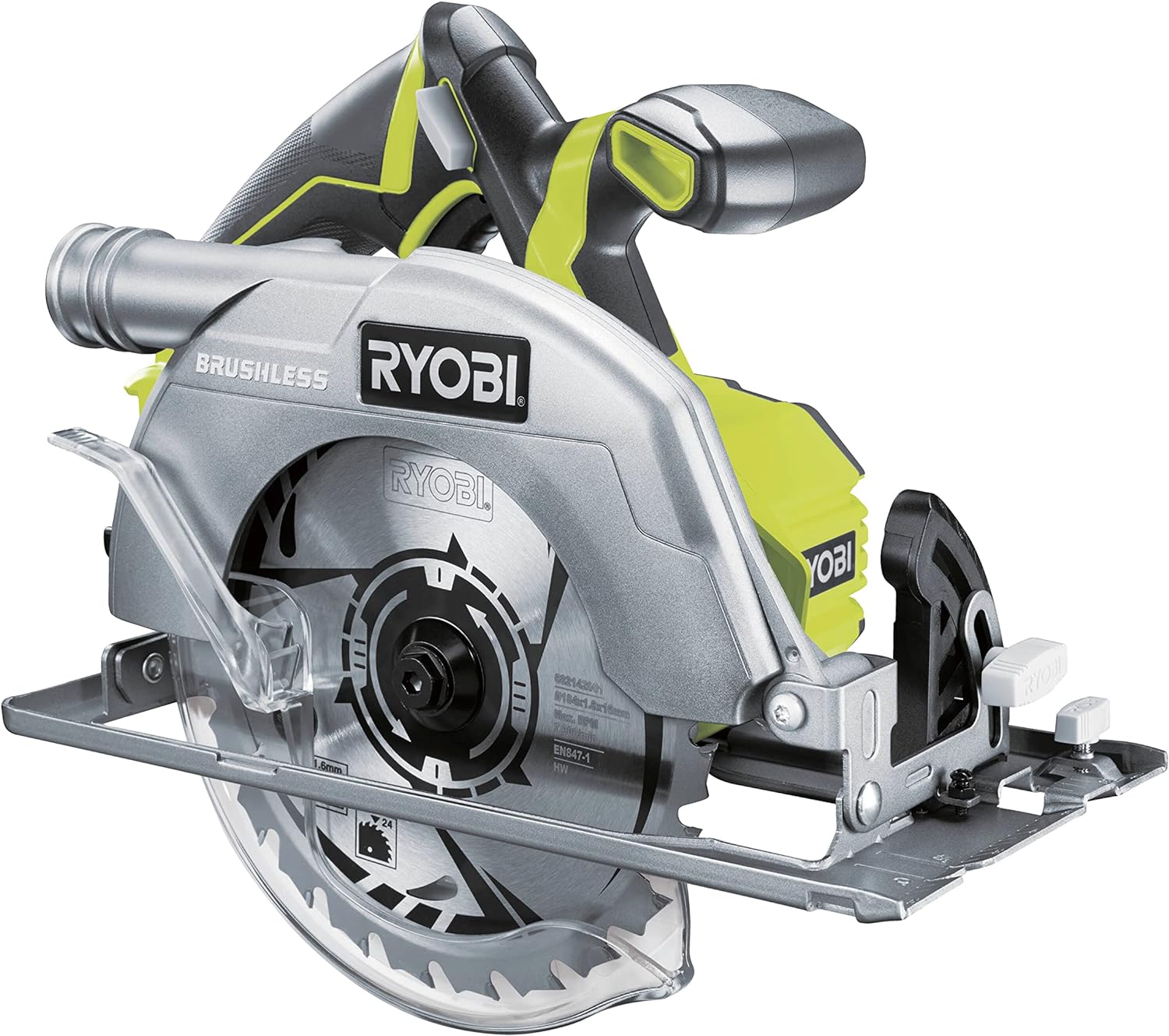 RYOBI - Sierra Circular Eléctrica Sin Cable a Batería 18V ONE+ Brushless 60mm - Buena Autonomía y Comodidad de Uso - Se Entrega con 1 Cuchilla 184 mm 24 dientes y 1 Llave de Servicio - R18CS7-0